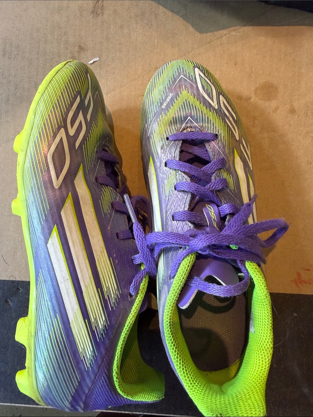adidas F50 Kids Purple and Lime Green Soccer Cleats. Girls- size 4 1/2.